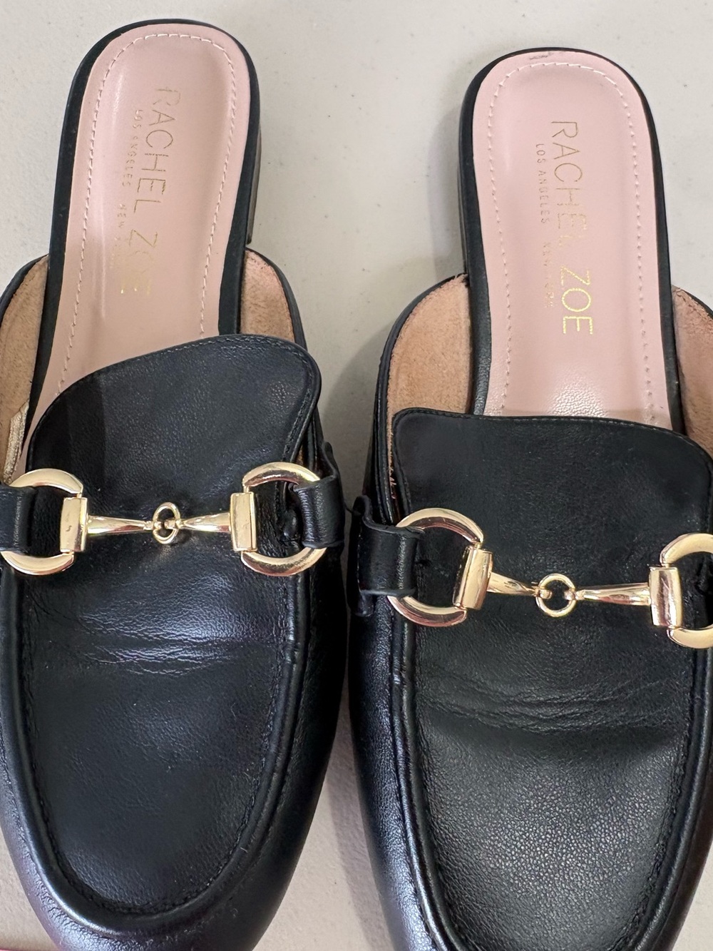 Rachel Zoe Black Leather Slide Mules with Gold Horsebit